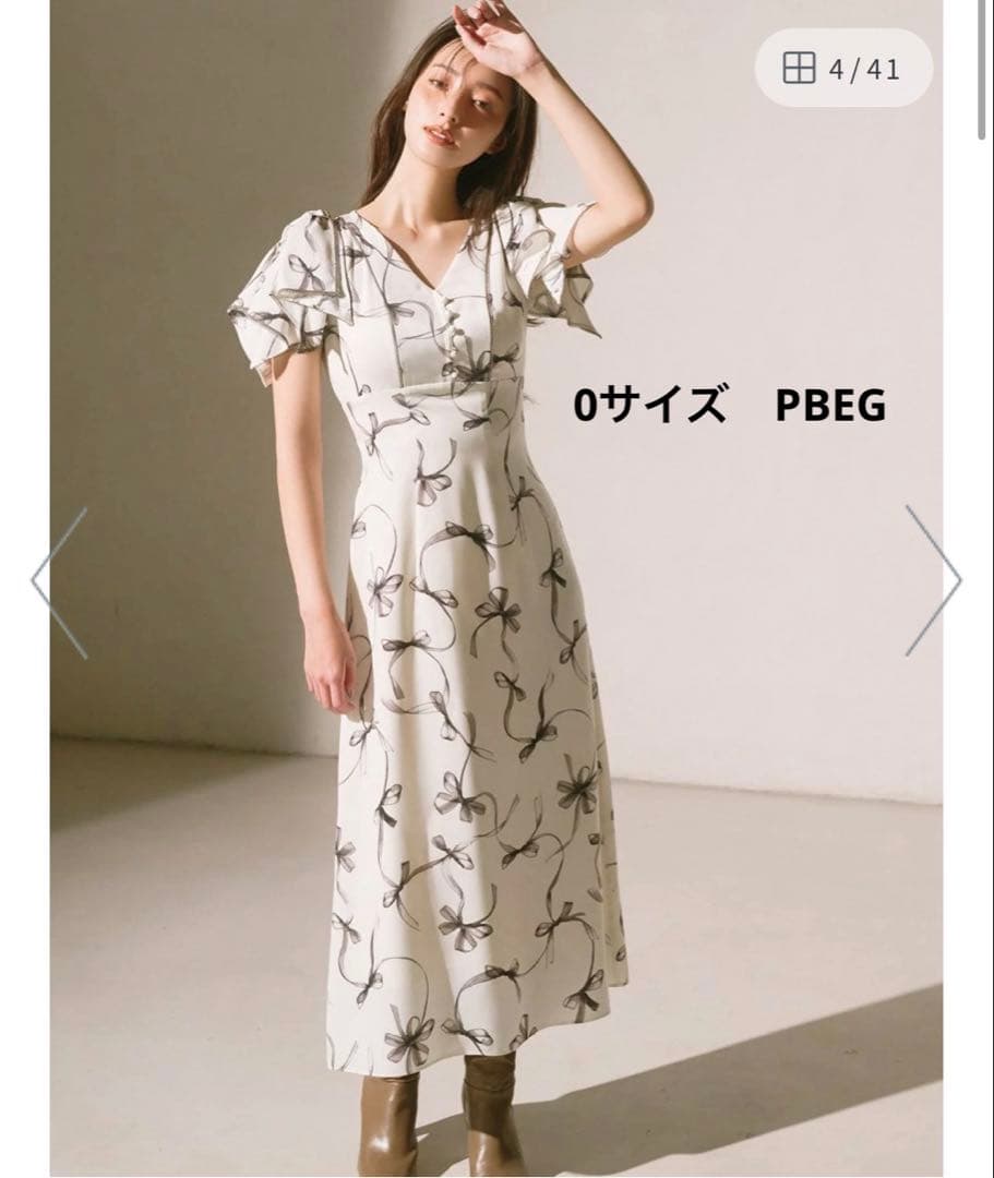 Sustainableリボンプリントワンピース　0サイズ　ピンクベージュ