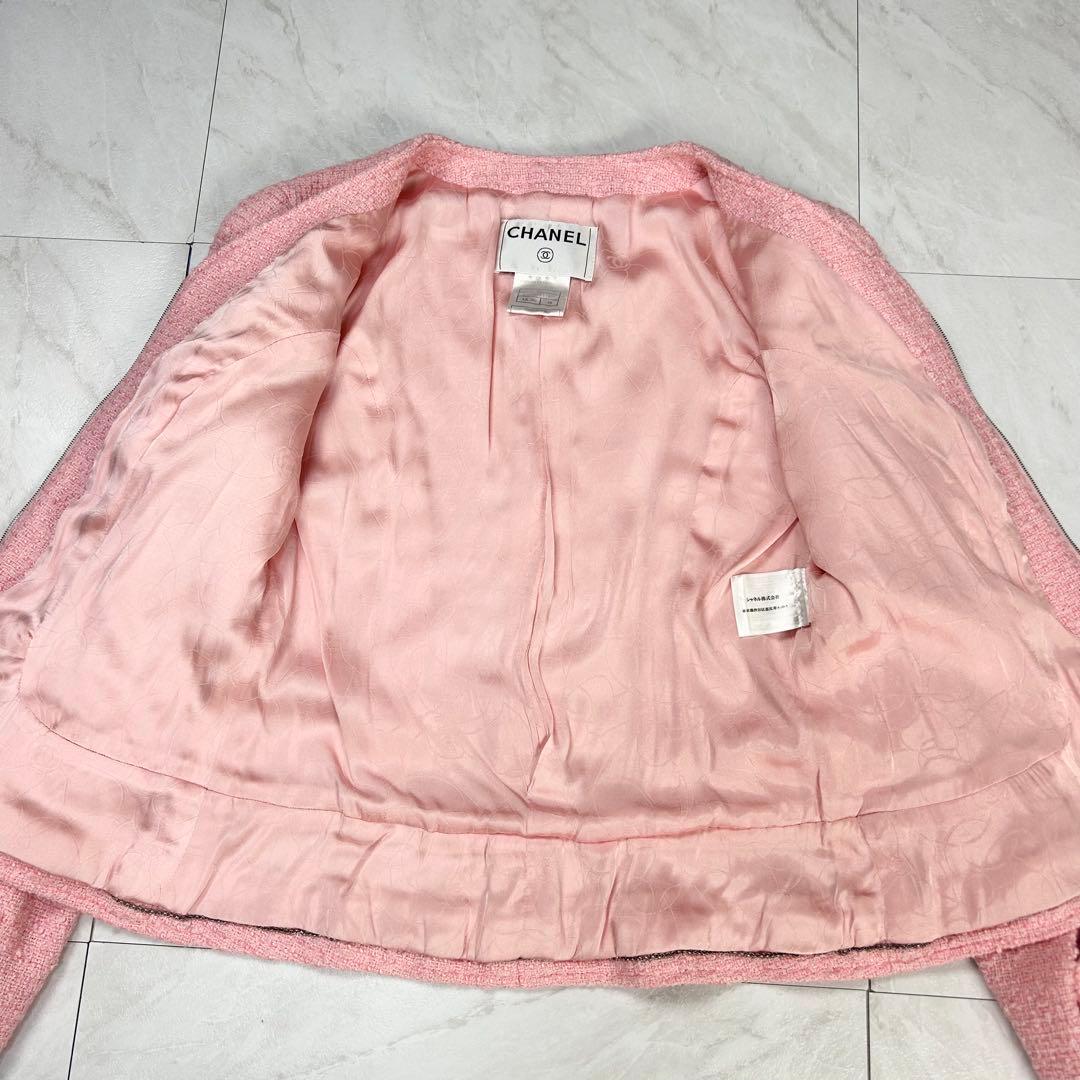 美品 CHANEL 立体 COCO ロゴ ノーカラー ツイードジャケット 38