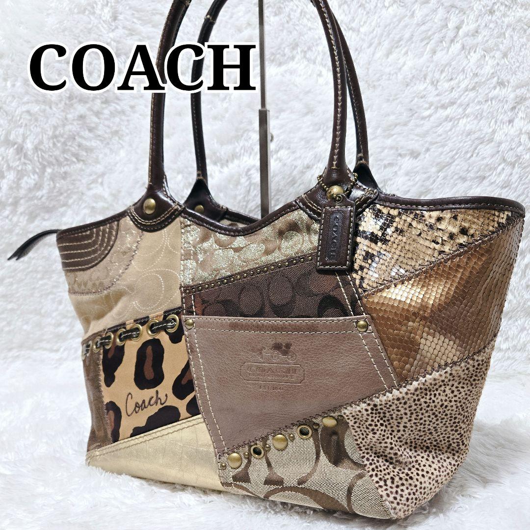 COACH パッチワーク トート ブリーカー 異素材 ブラウン 12899