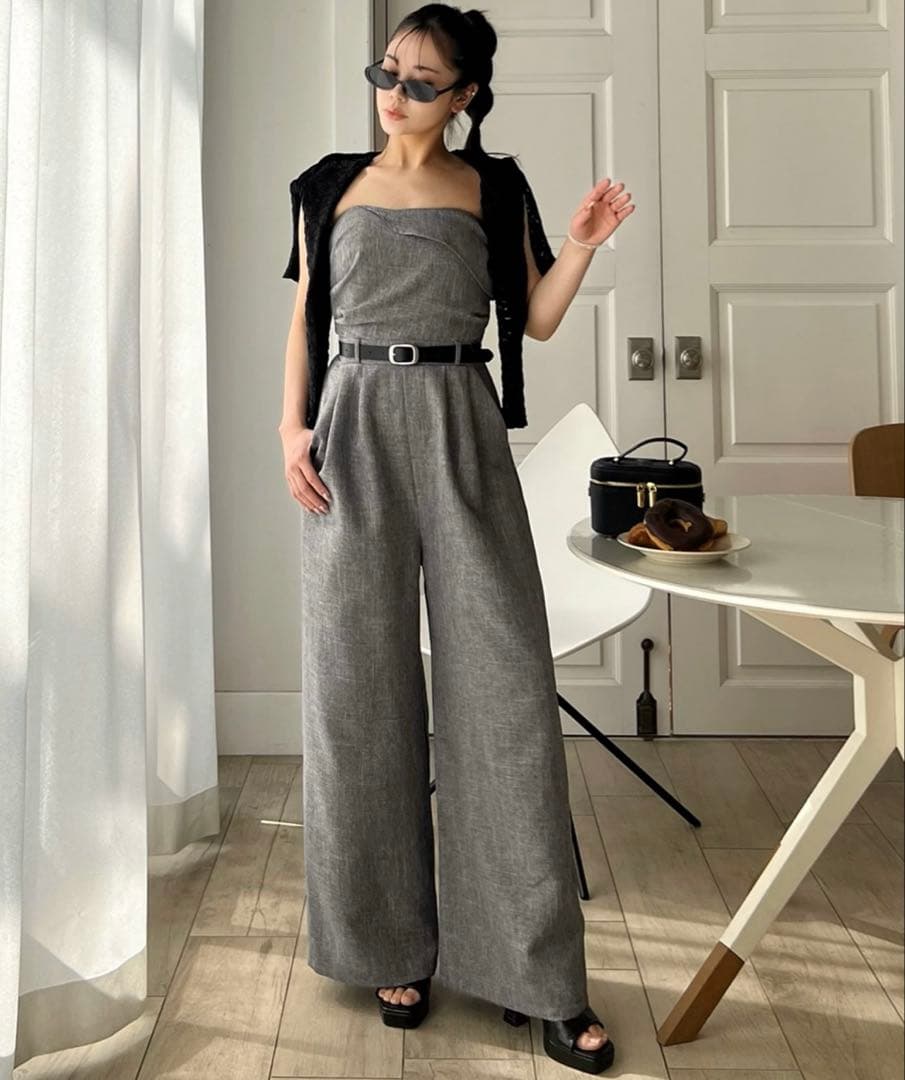 【 Party】ベルト付タックベアオールインワン　グレー