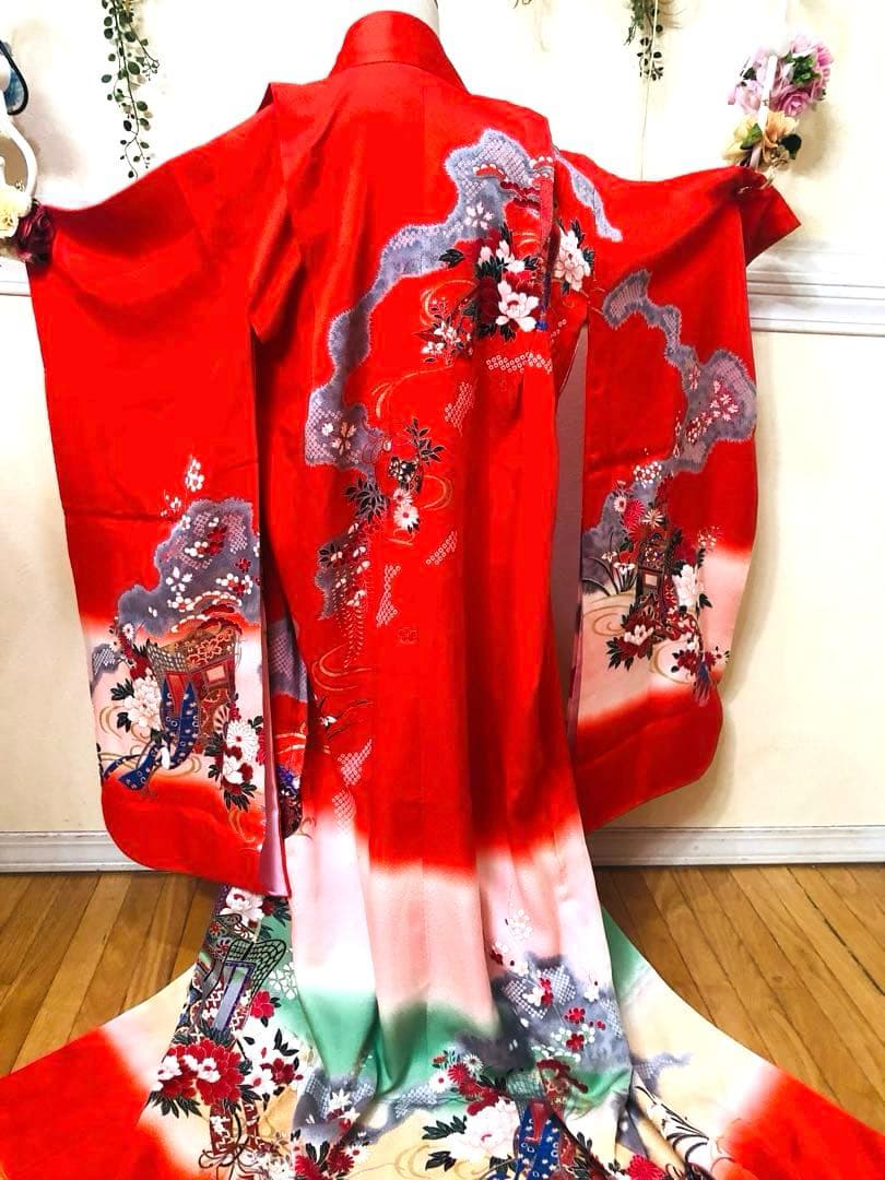 正絹️‼️七五三 七歳‼人気 赤地 御所車に手毬 金糸刺繍‼️金彩箔 豪華安心セット‼️