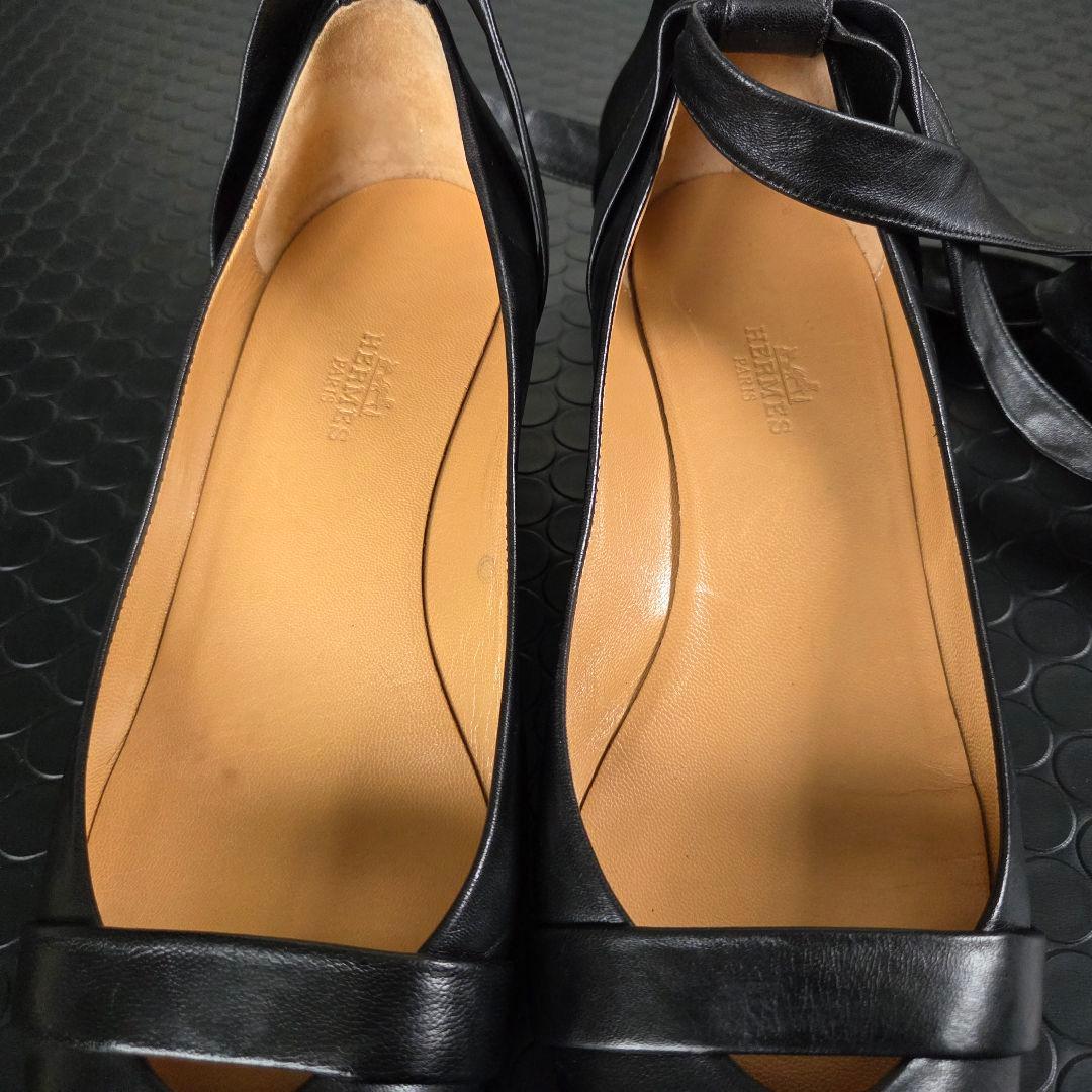 HERMES　レザーパンプス　リボン アンクルストラップ　ウエッジソール　23㎝