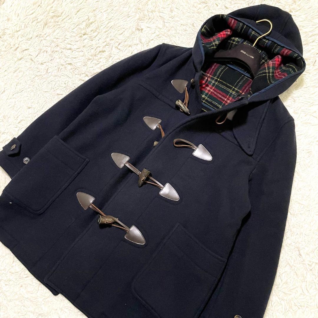 未使用に近い　ヴァンヂャケット　カシミヤダッフルコート　L　ネイビー　チェック柄