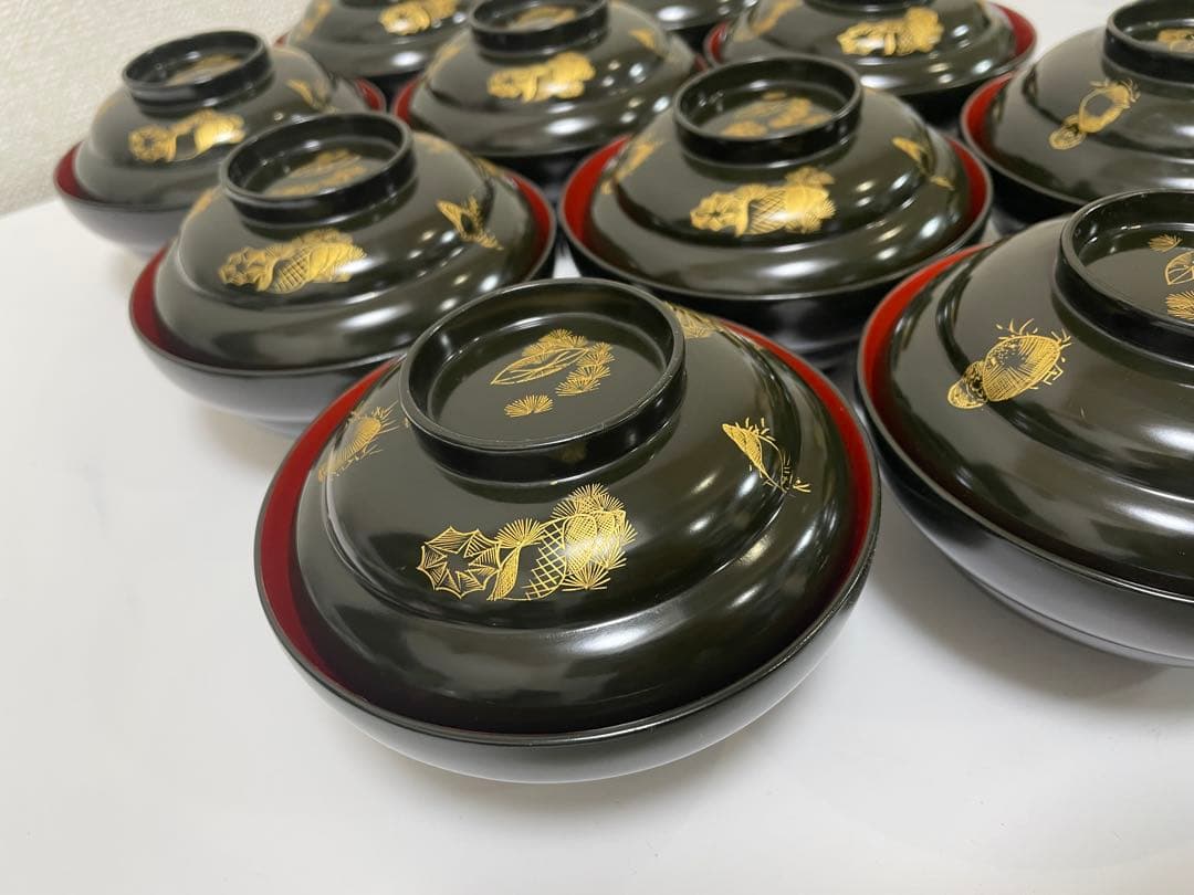 漆器 輪島塗 金蒔絵 貝柄 黒 内朱 吸物 割烹 蓋付き10客個 お煮物椀