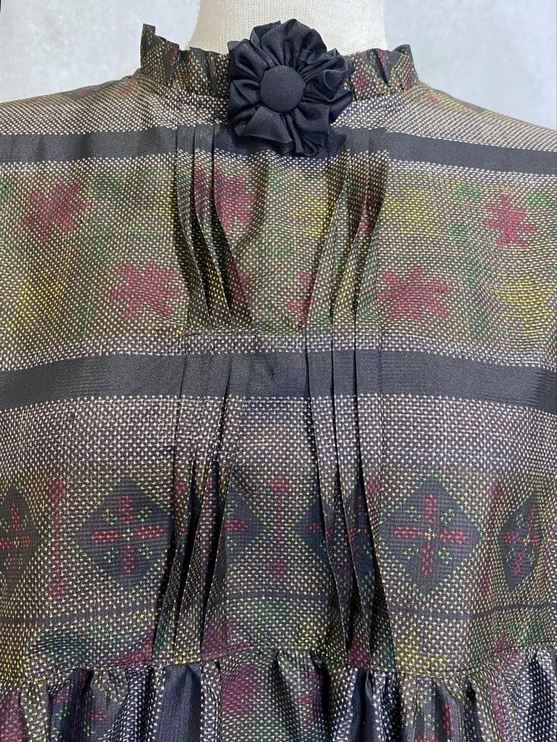 大島紬 フリル襟 ワンピース