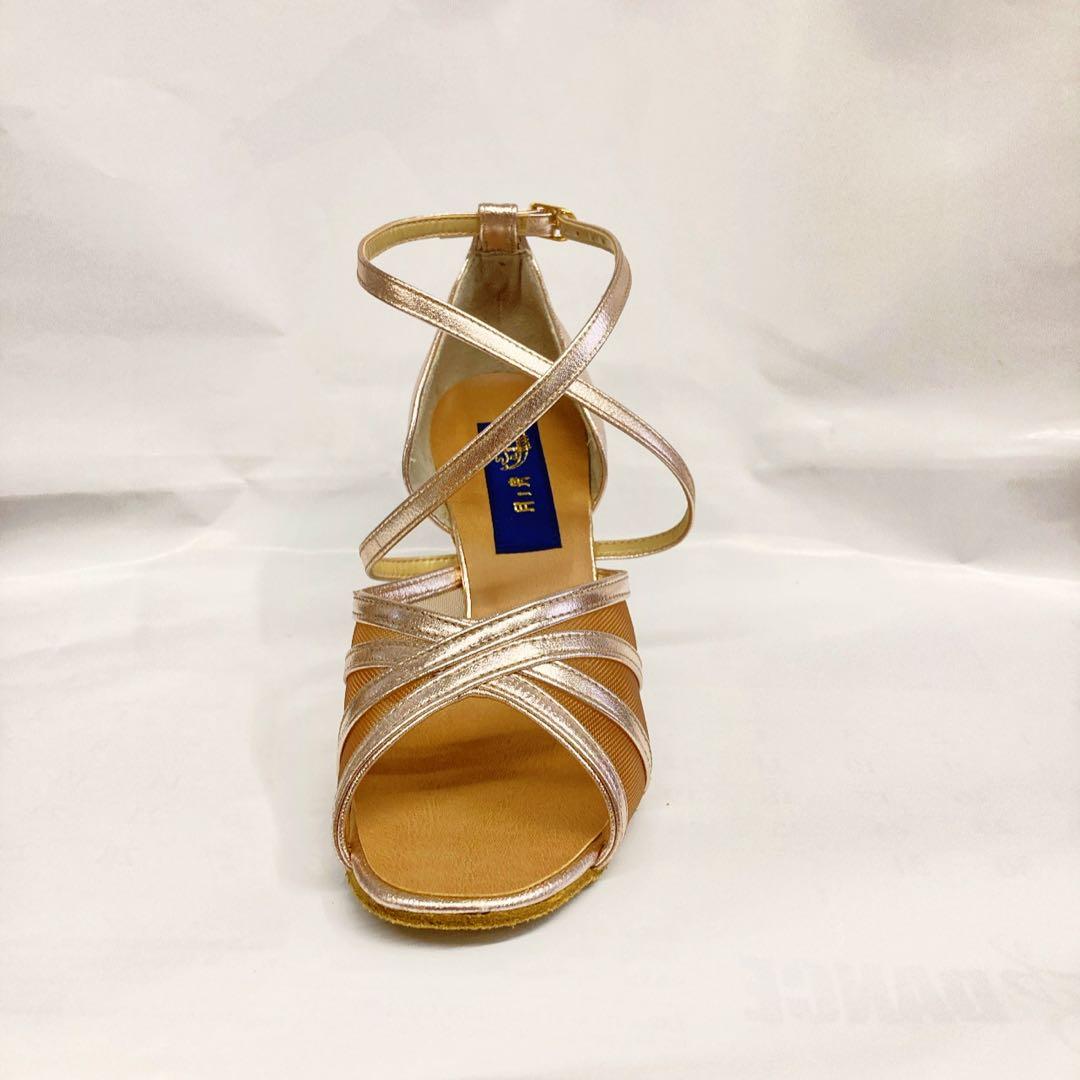 新品　社交ダンスシューズ　22.5㎝　ヒール7㎝　サーモン　チュール　月ノ舟