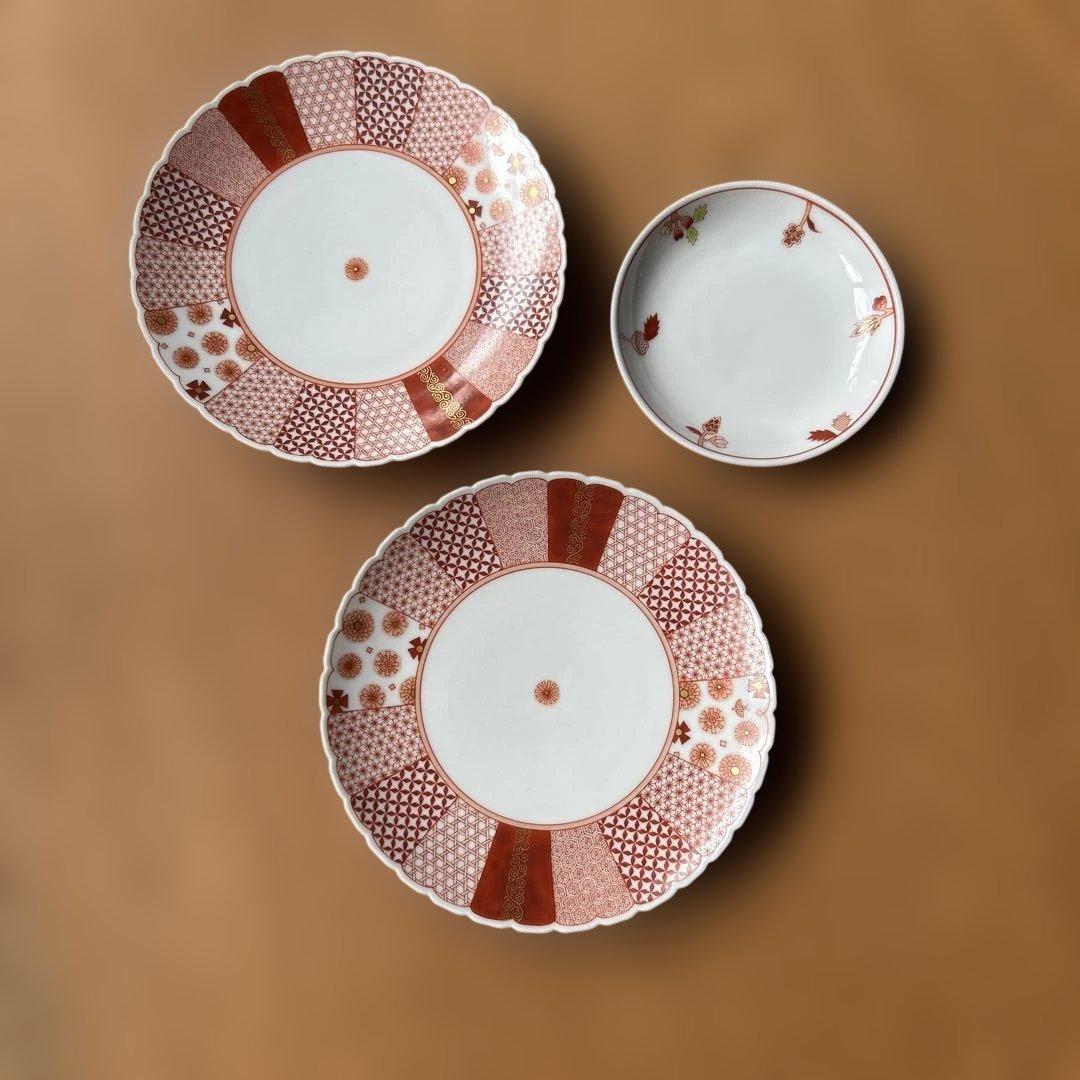 金沢九谷焼　赤絵皿セット　架谷庸子作