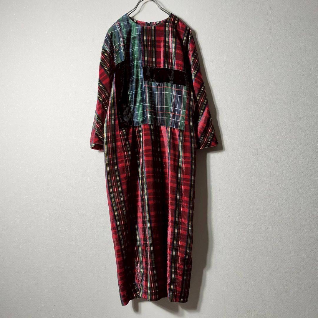 AD1999 コムデギャルソン ロングワンピース チェック柄 ベロア 長袖