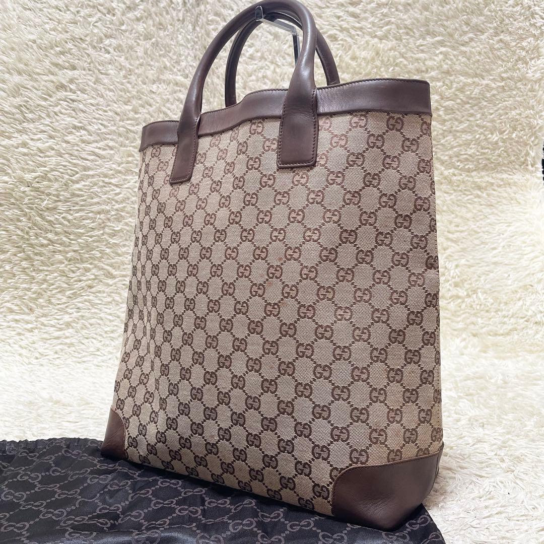 【大容量】GUCCI トートバッグ　キャンバス　レザー　GG柄　A4可　茶系