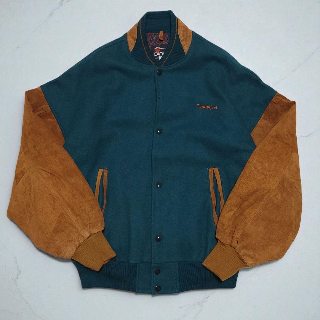 90s カナダ製 ウール×スウェード スタジャン 緑 L 古着