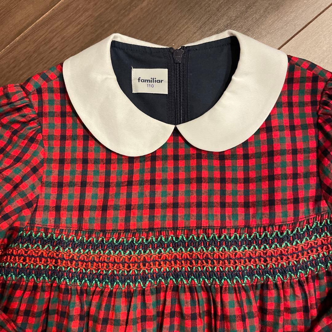 【美品】familiar 赤　チェック柄　ワンピース　110㎝