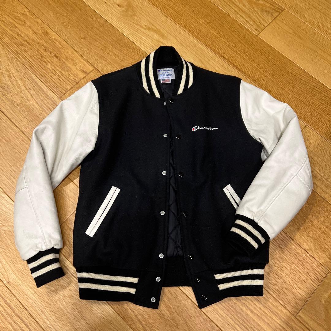 Champion スタジャン ブラック/ホワイト Lウール➕牛革