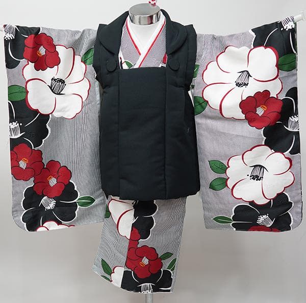 七五三 三歳 女児 被布コート 着物 長襦袢 3点セット 黒色×白 祝着