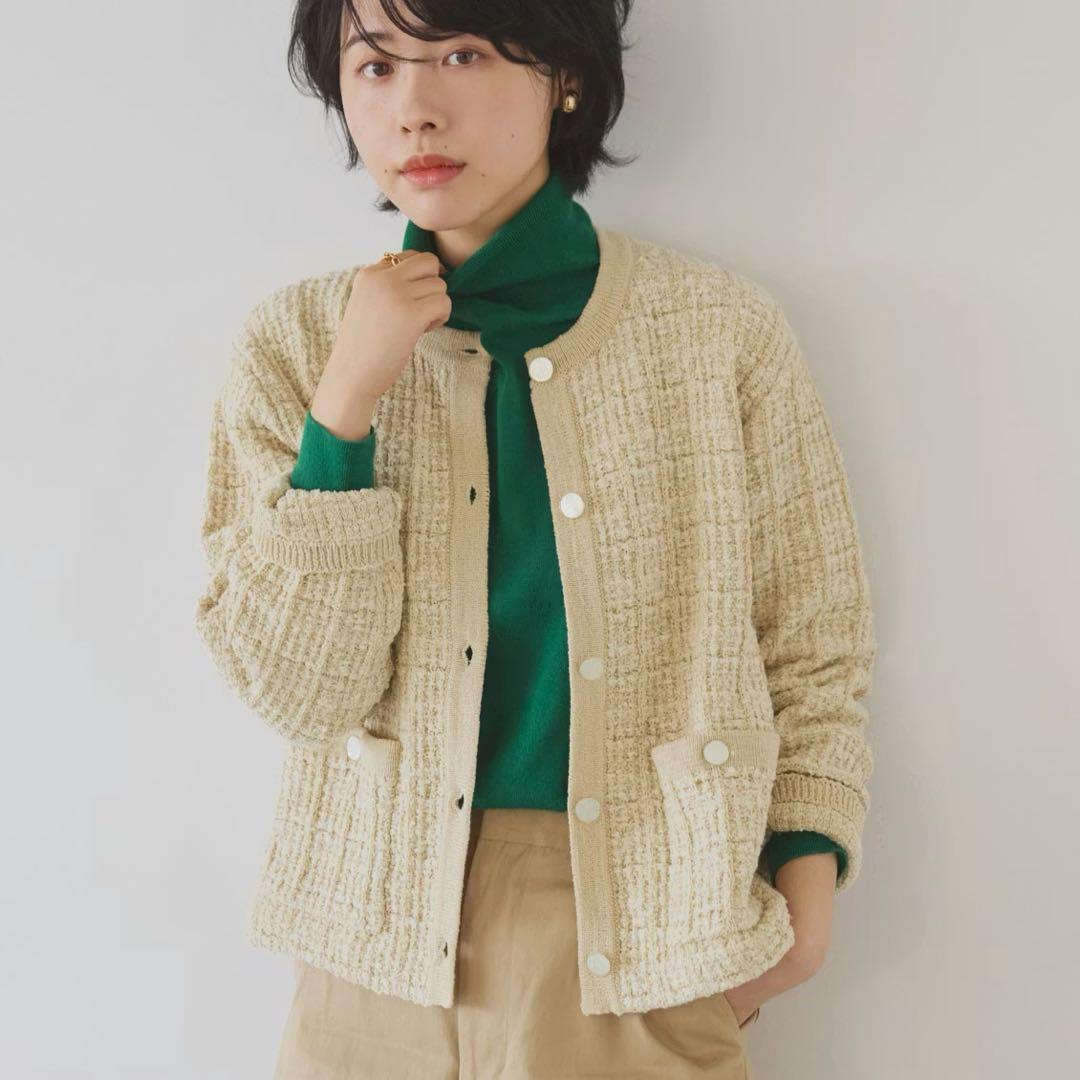 北欧、暮らしの道具店「カジュアルも、きちんとも」ツイード柄のニットジャケット　白