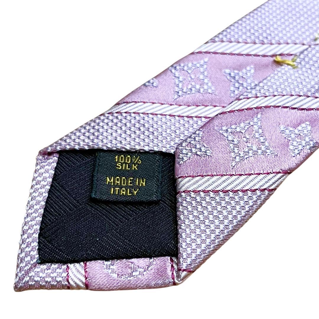 美品　ルイヴィトン　ネクタイ　モノグラム　ピンク　ロゴ　ジャガード　ストライプ