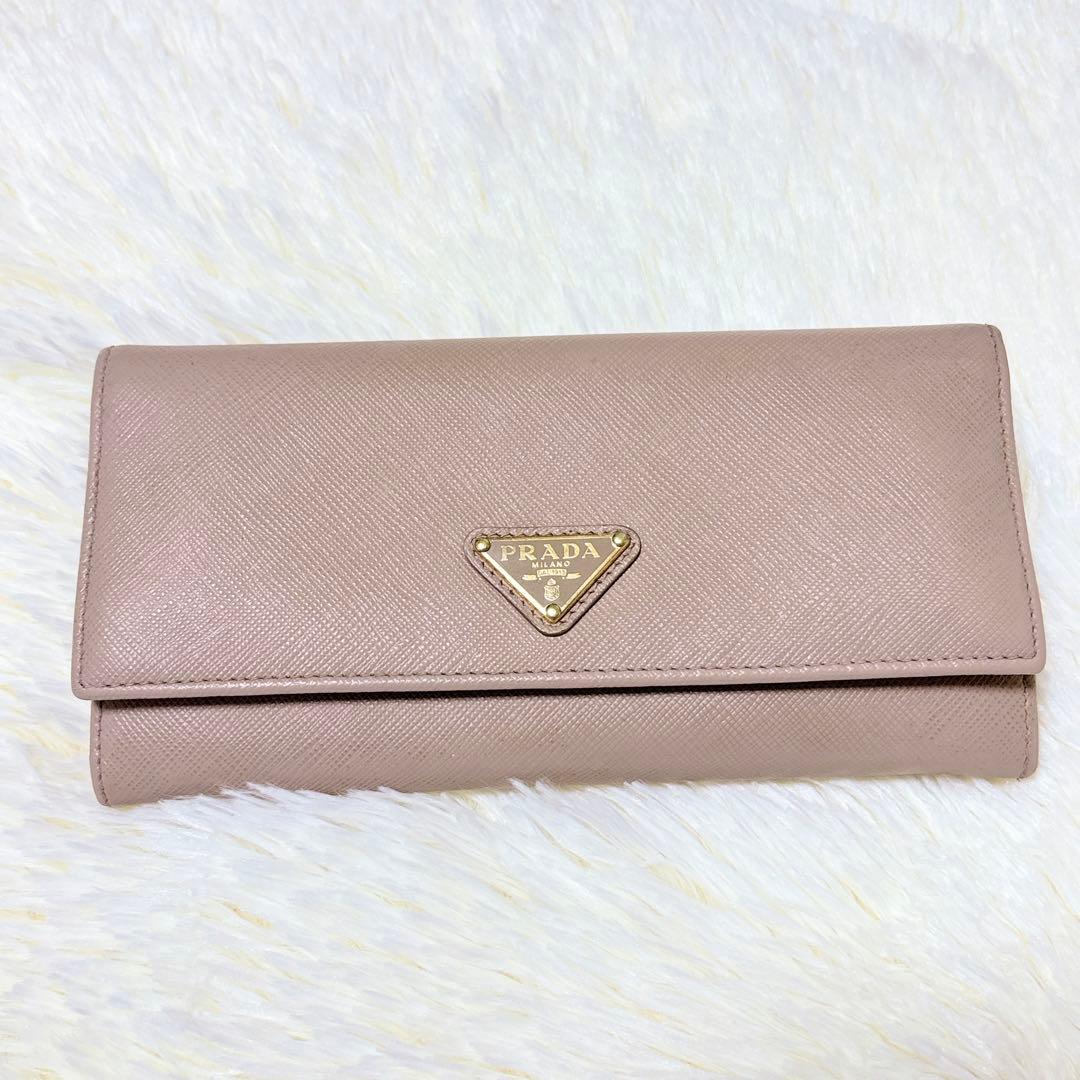 現行/美品✨PRADA サフィアーノレザー 三角ロゴ長財布 ピンクベージュ