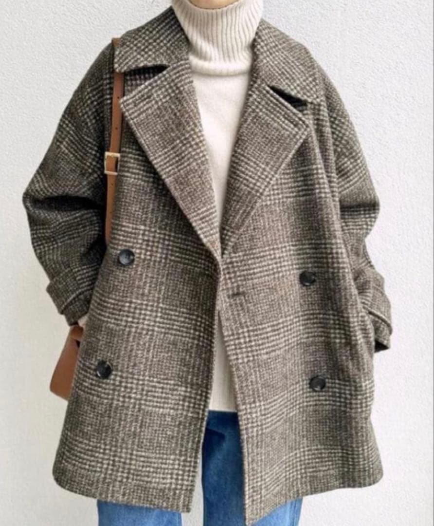 美品✨スピックアンドスパン　Wスライバーチェックハーフコート　ブラウン　36