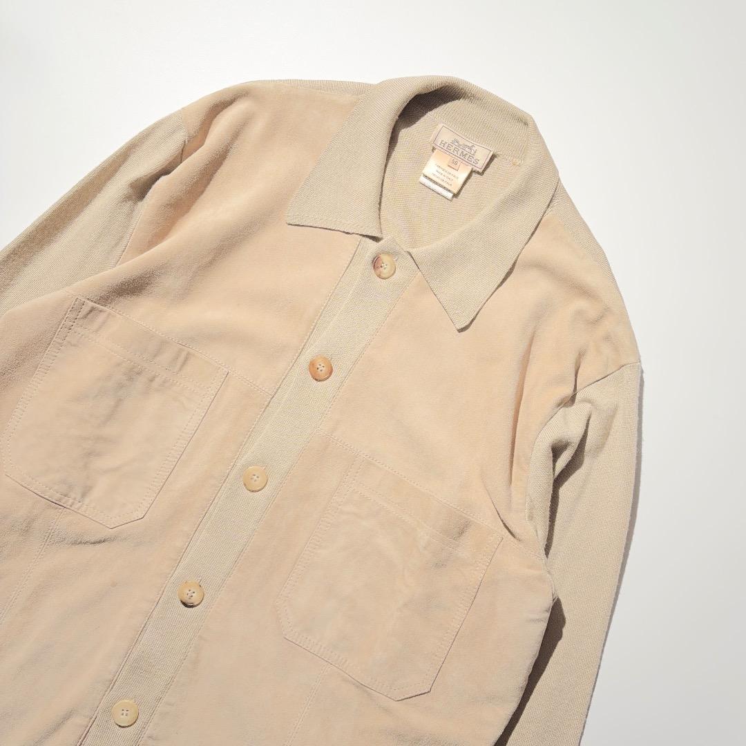 HERMES スエードレザー切り替えニットポロ ウールシルク エルメス 90s