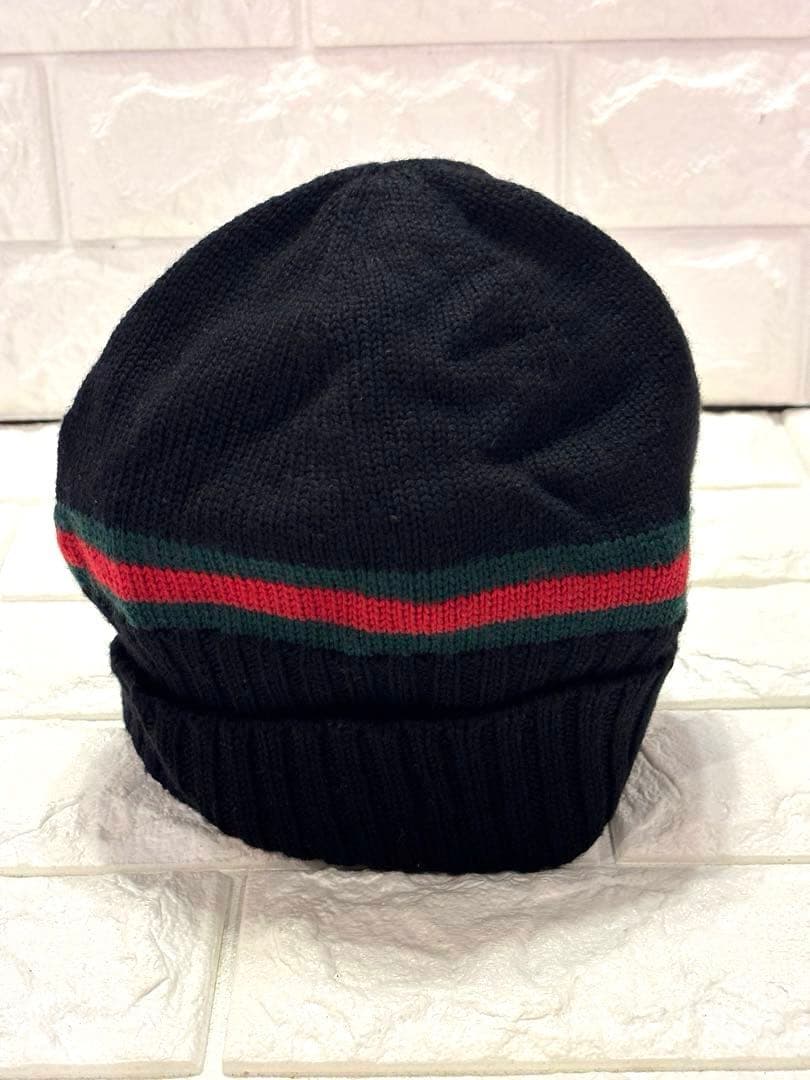 #美品グッチシェリーライン黒ニット帽 ストライプデザインユニセックス#Lサイズ