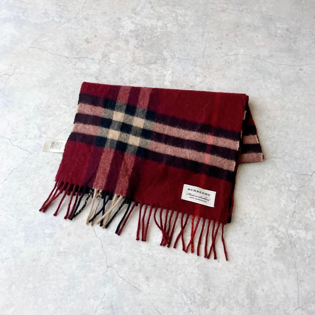 BURBERRY カシミヤ100% バーガンディ チェックマフラー バーバリー