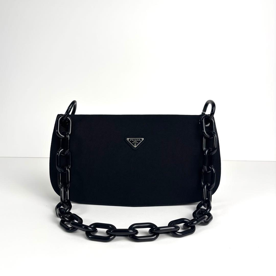 極美品 PRADA プラダ チェーン ショルダーバッグ キャンバス ブラック