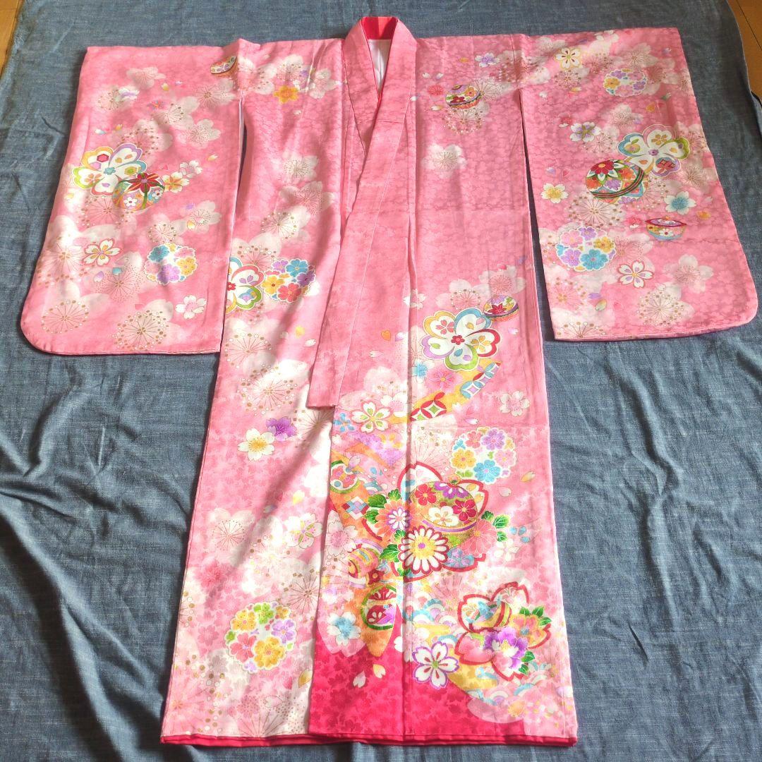 七五三　正絹　着物　ピンク　桜　７歳　フルセット