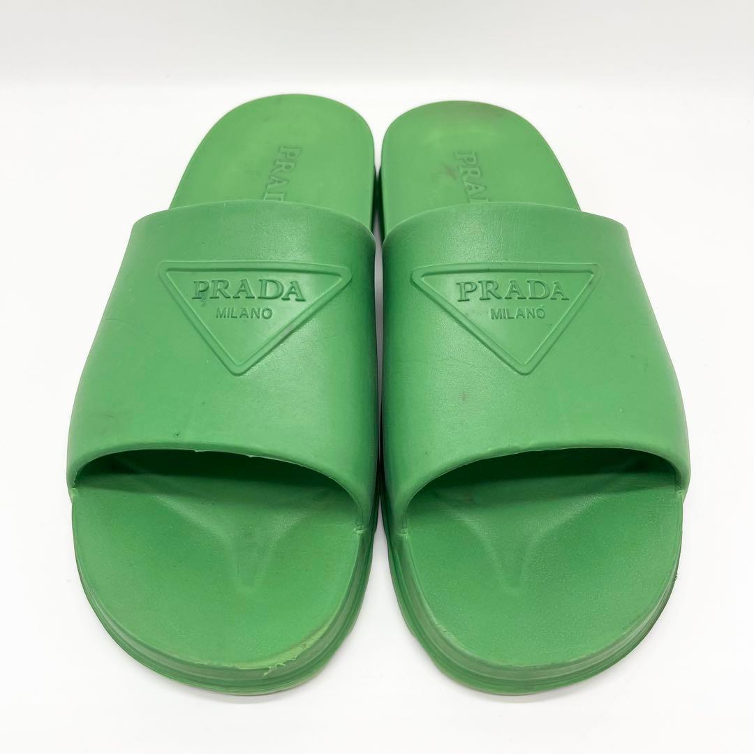 PRADA シャワーサンダル　三角ロゴ　エンボス　グリーン　28cm相当　メンズ