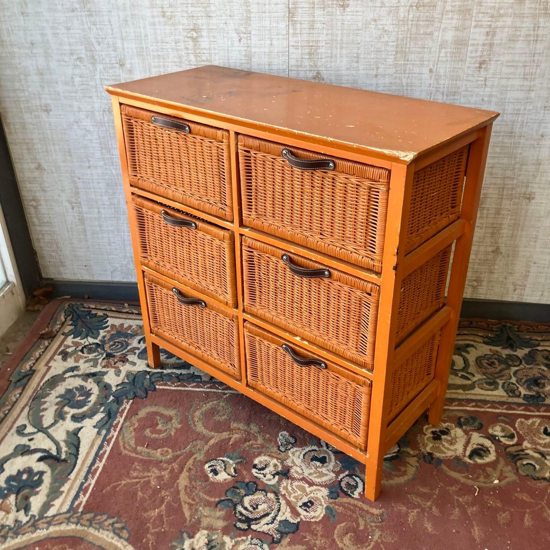 北欧レトロ ラタンチェスト 3段6杯収納ラック 引き出しタンス 箪笥