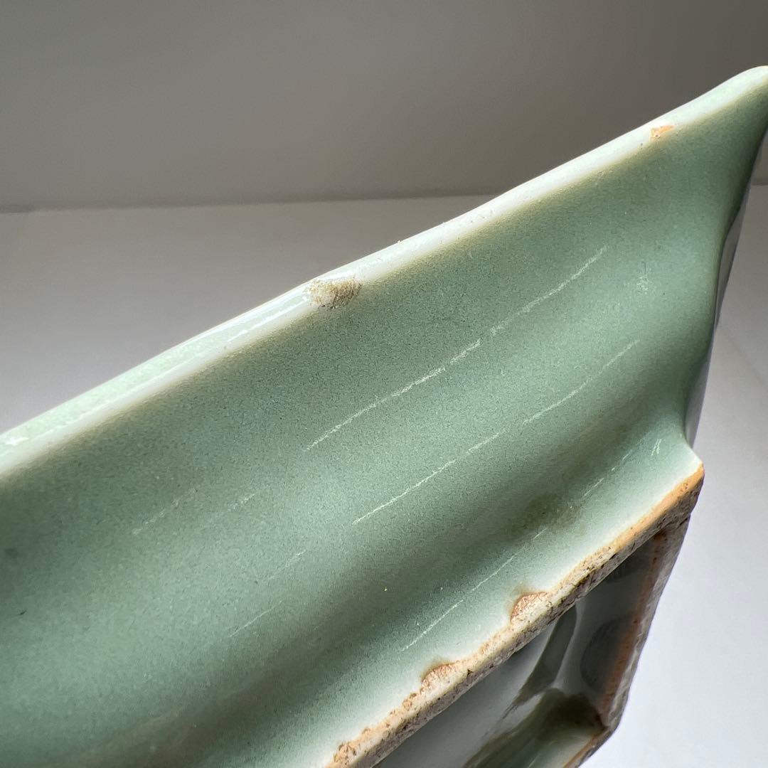 江戸後期　三田青磁鹿文角皿12枚　木箱付　東Y8-0122☆2Fトヒル