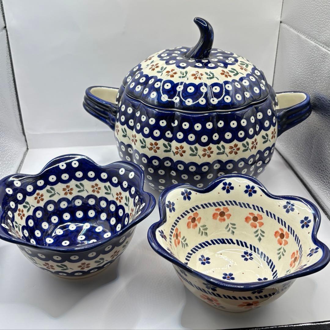 【ポーリッシュポタリー】かぼちゃ型チューリン１点とスープ皿２点の３点セット