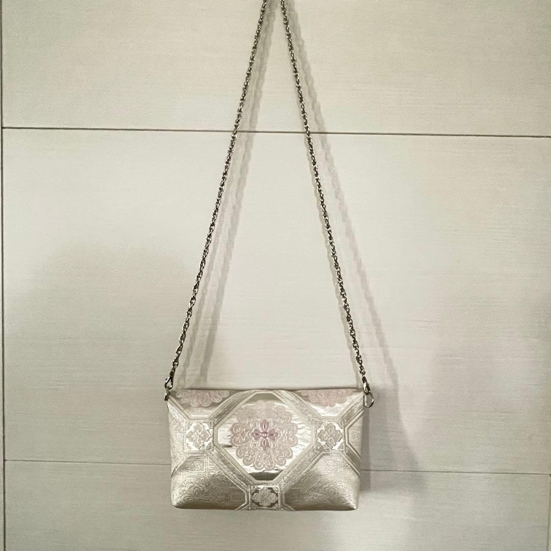 帯帯リメイク3wayバッグ　和装バッグ　シルバーと紫の蜀江文　チェーン付