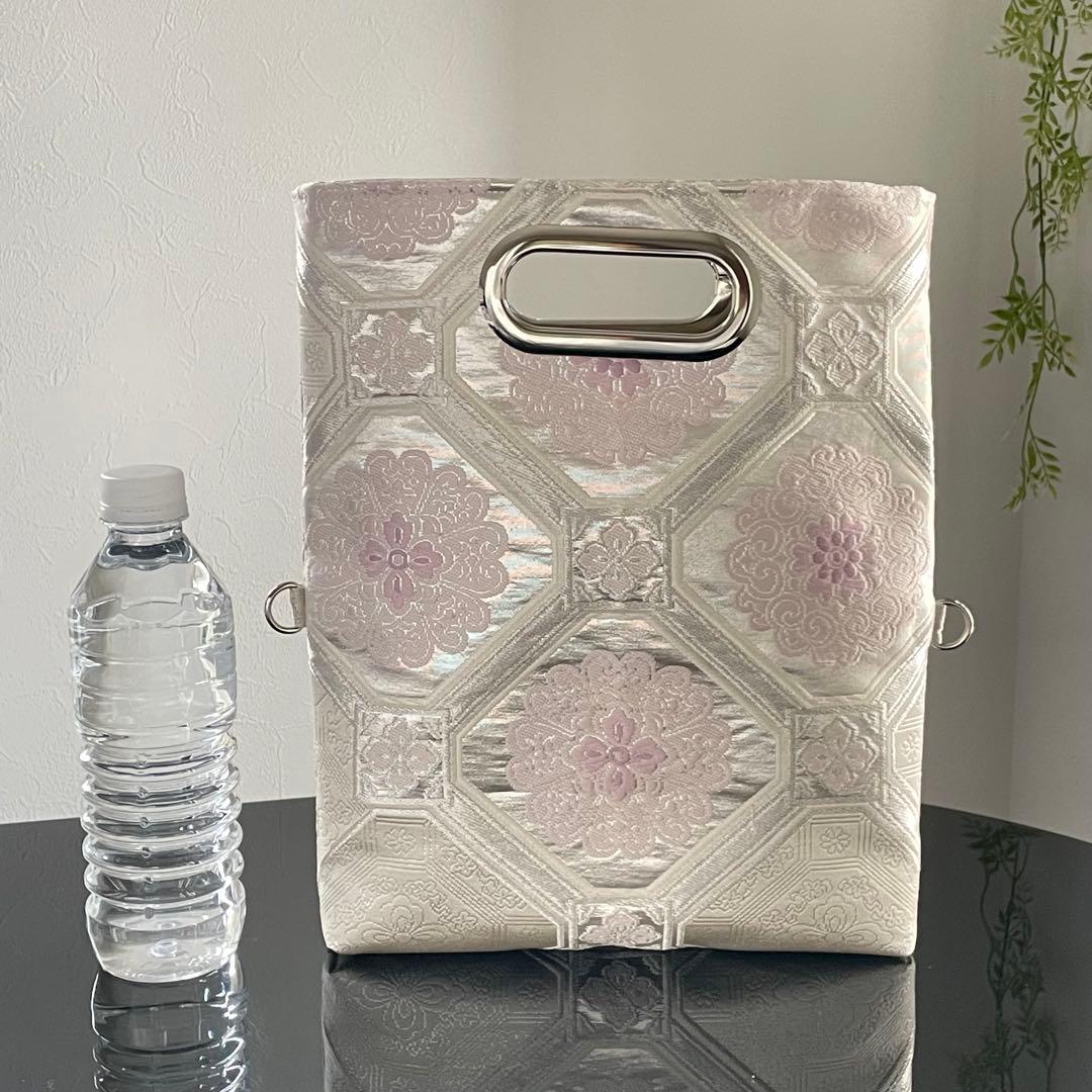 帯帯リメイク3wayバッグ　和装バッグ　シルバーと紫の蜀江文　チェーン付