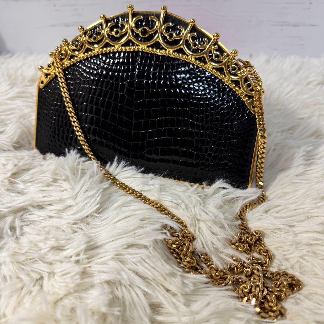 メードインイタリー クロコセンター取り クラッチバック ゴールドショルダーバック