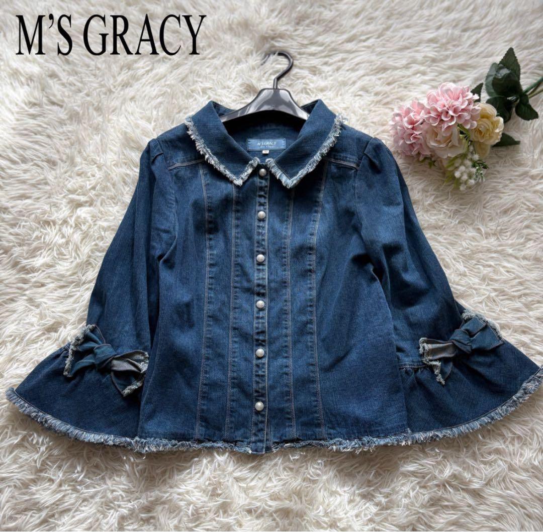 【美品】42 袖リボン　パールボタン　エムズグレイシー　デニムジャケット　20年