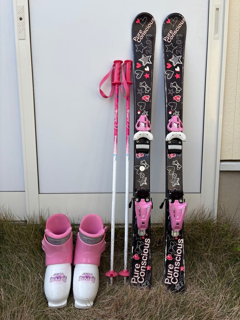 110㎝ スキー板 ストック ブーツ 黒ピンク