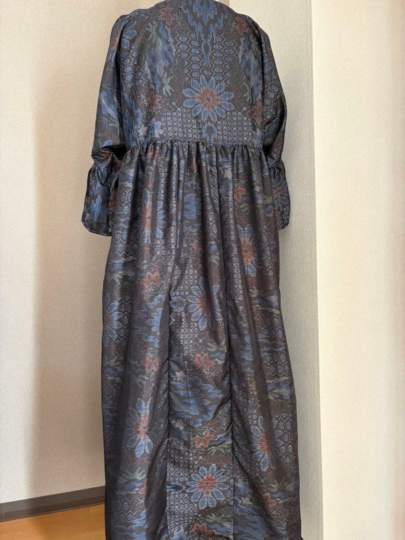 ★着物リメイク★　大島紬　フリル袖のゆったりワンピ　ブルー＆ブラック