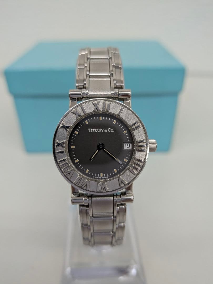 ティファニー　アトラスデイト　レディース腕時計　黒文字盤　ケース共箱有り　稼動品