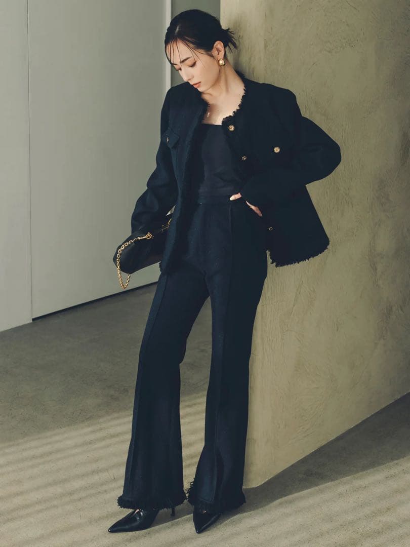 anuans ツイードノーカラーフォルムジャケット　ネイビー