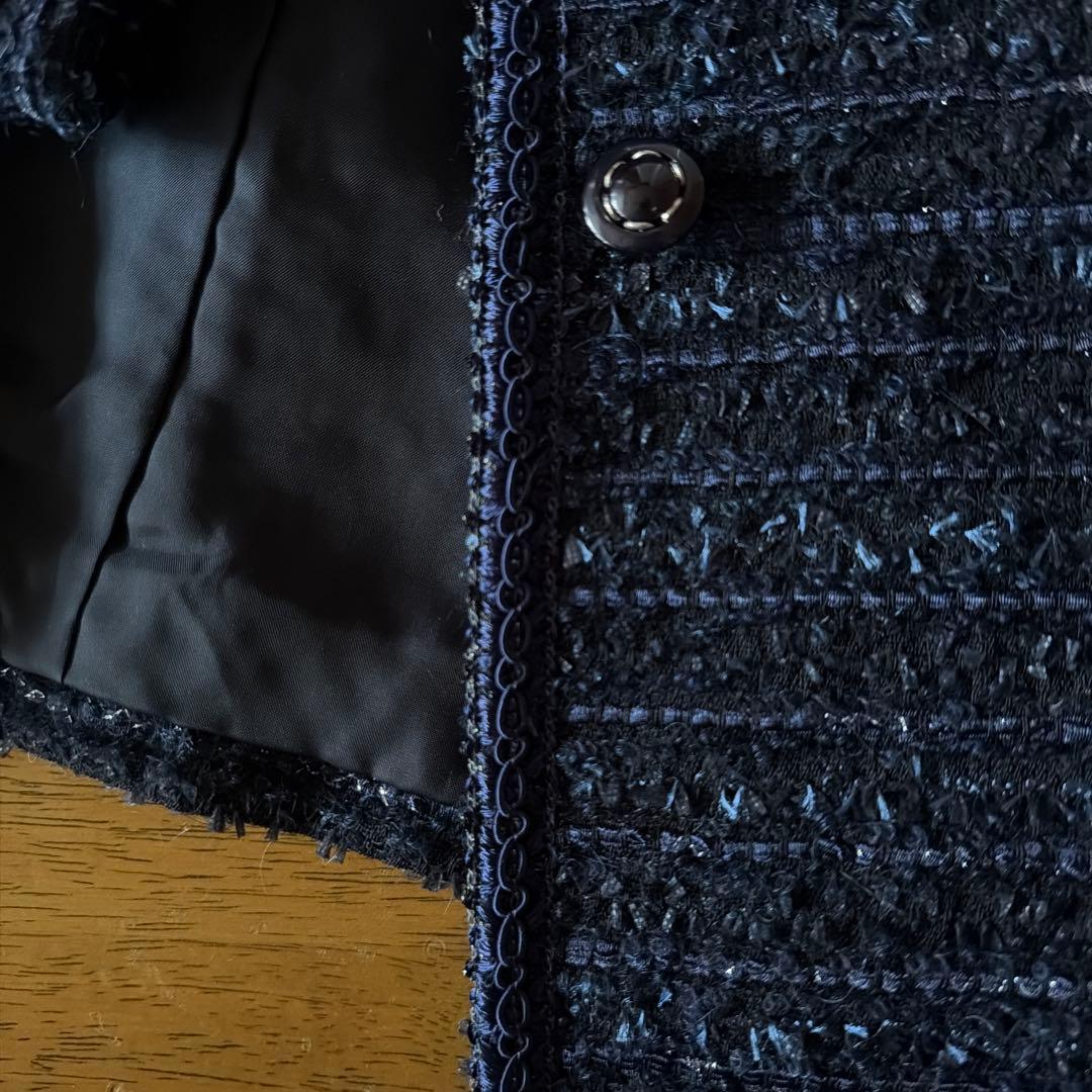 Leilian ノーカラージャケット ネイビー ツイード