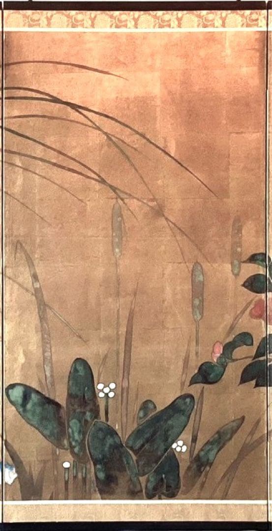 四つ折り屏風　日本画　金箔彩色　『牡丹に梅』