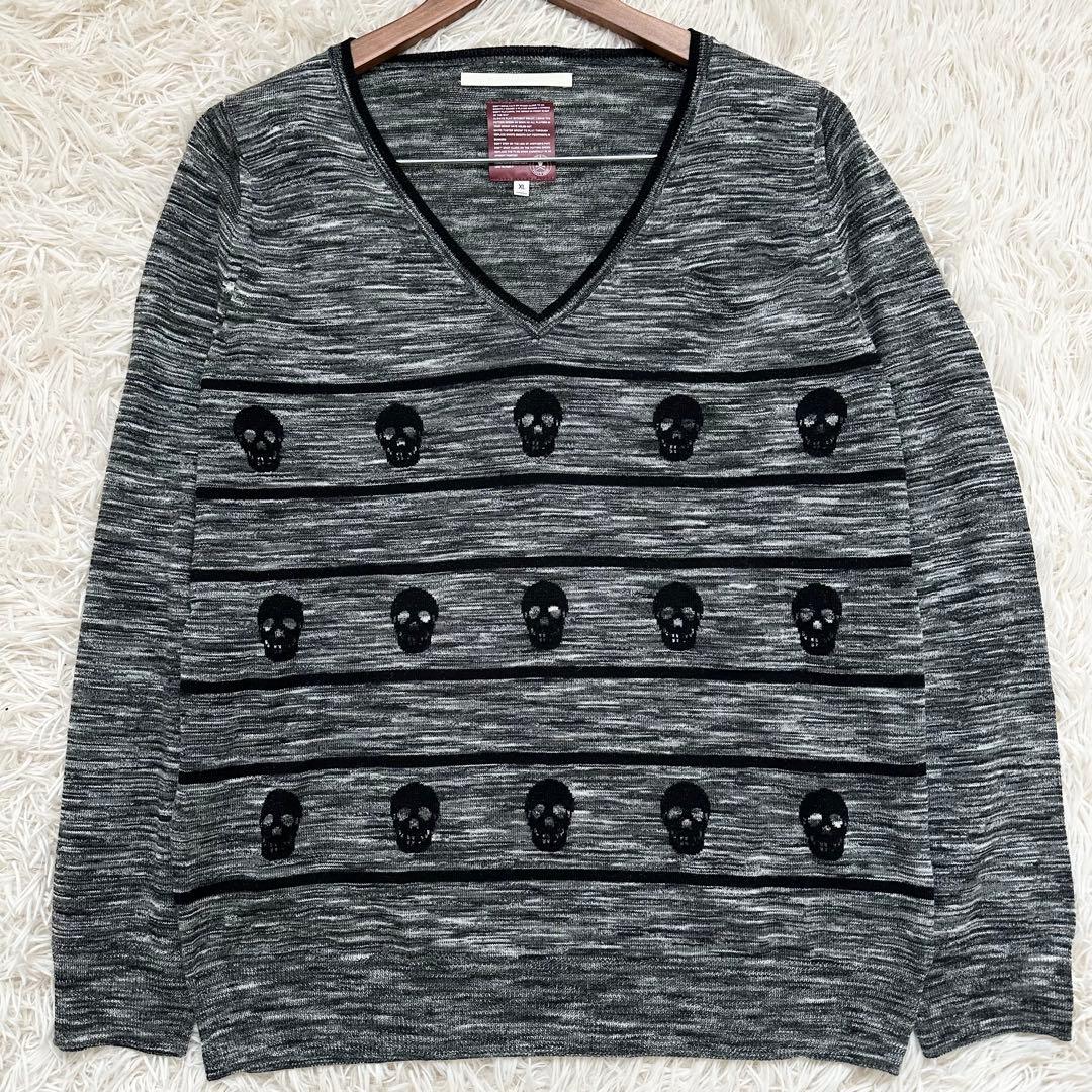 マークアンドロナ スカル柄 薄手ニット グレー 霜降り XL ゴルフウェア