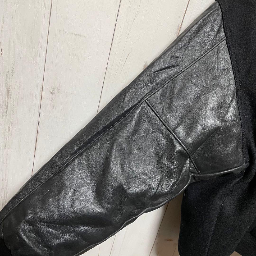 90s USA製 HARRIS 刺繍 ロゴ ブラック 黒 袖 レザー スタジャン