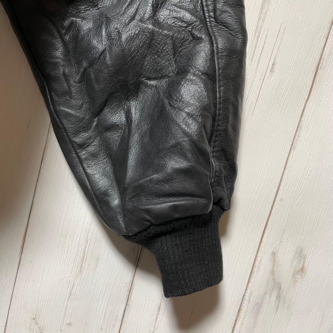 90s USA製 HARRIS 刺繍 ロゴ ブラック 黒 袖 レザー スタジャン