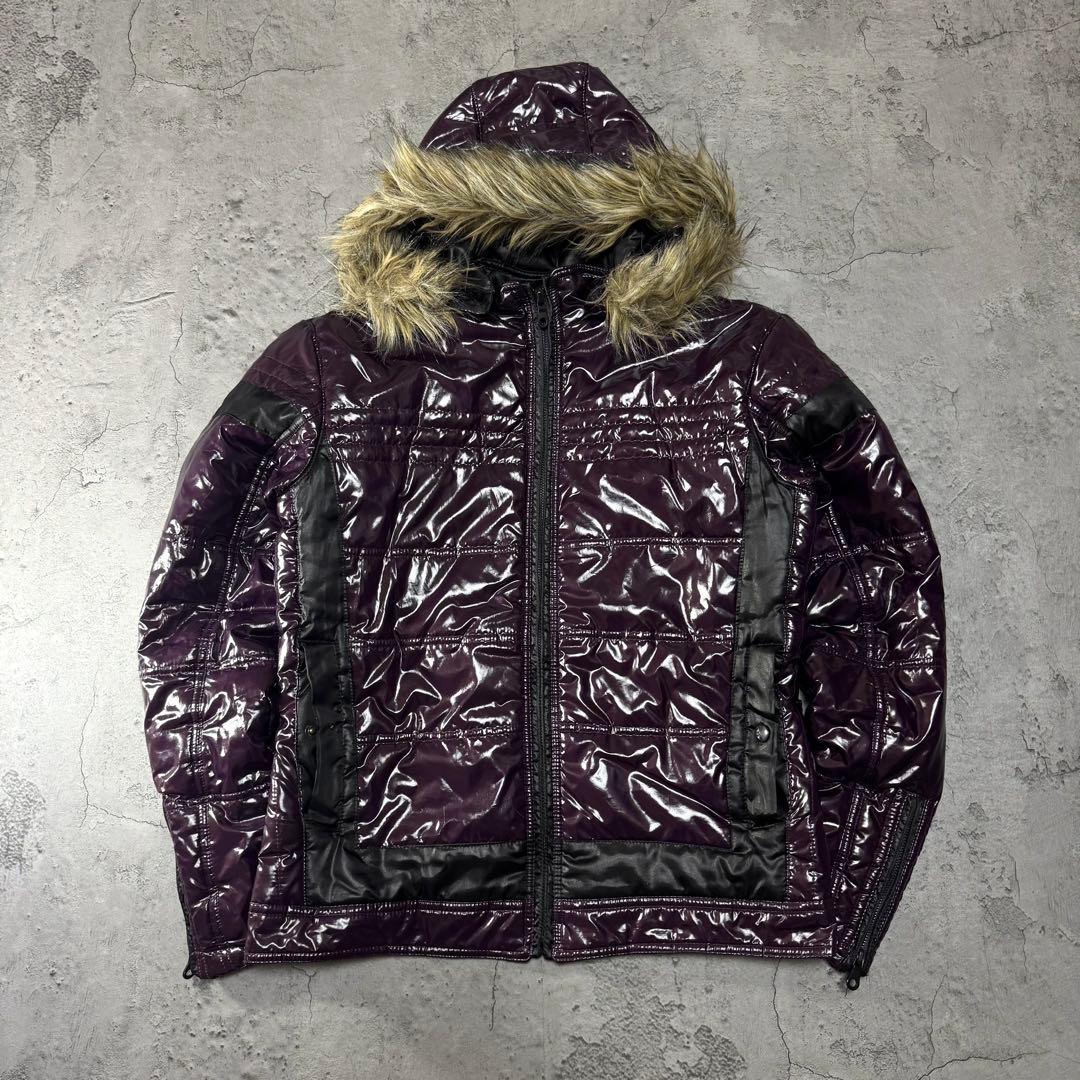Y2K 光沢 ファー ジャケット 短丈 お兄系 ダークパープル