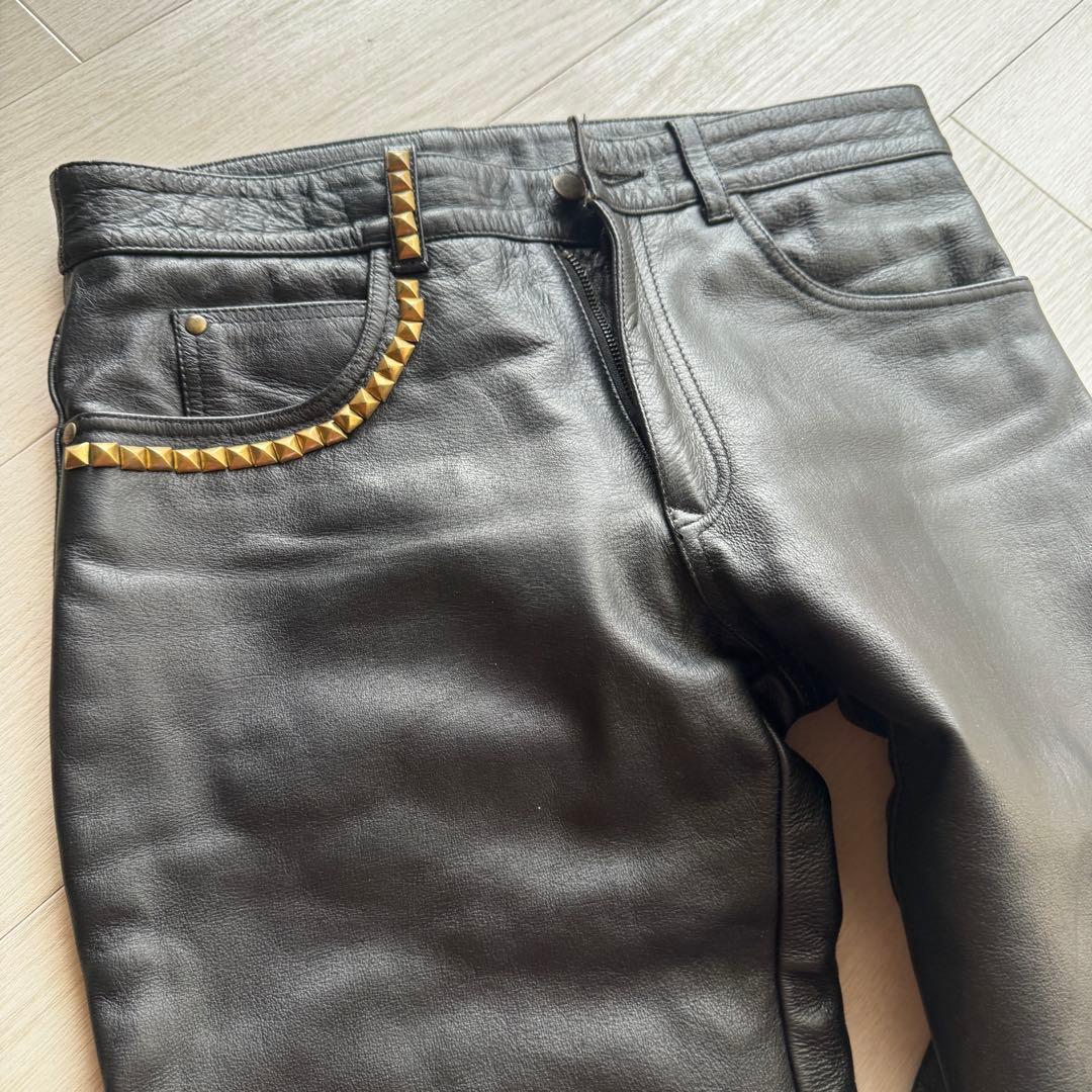 【水牛革】STRAIGHT レザーパンツ　バイクパンツ　黒　本革　パンク