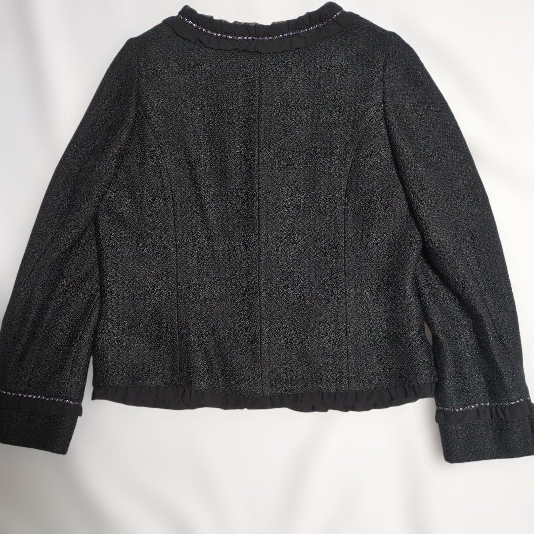 美品　ローズティアラ　大きいサイズ　フリルカラー　ツイードジャケット　黒　46
