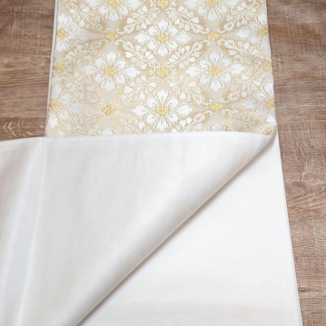 袋帯 白金 花菱七宝 六通 お仕立て込み