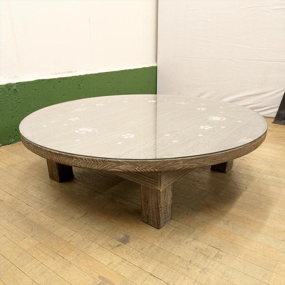 箱長　総桐　木目込み細工　鈴　桜　ガラス付き　折り畳み　座卓　円卓　座敷机　食卓