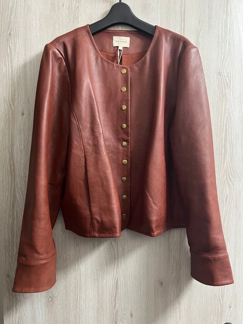 Sézane ノーカラー レザージャケット ブラウン FR 46