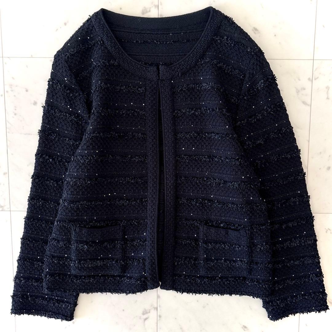 美品 ダーマコレクション ツイード調 ニットジャケット 黒 3L 大きいサイズ